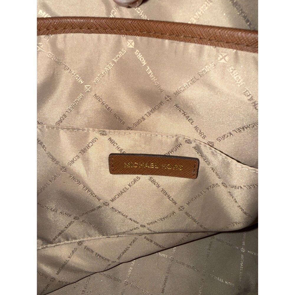 Michael Kors MK Brown Cream Leather Large Tote Logo Bag Purse - Picture 8 of 9